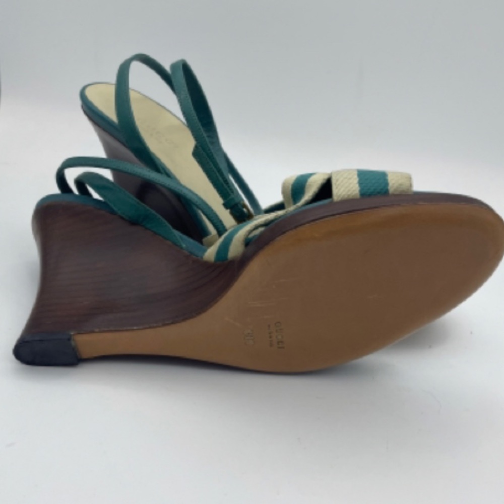 Gucci teal&beige stripe wedges w wooden heel sz 38 - Picture 2 of 4